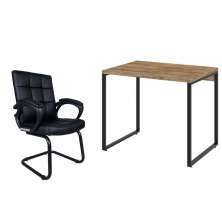Conjunto de Mesa Kuadra Carvalho com Cadeira de Escritório Interlocutor Fixa Charles Preta