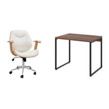 Conjunto de Mesa Kuadra Nogal com Cadeira de Escritório Diretor Giratória Antonella Branca