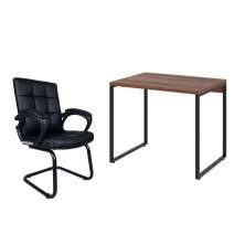 Conjunto de Mesa Kuadra Nogal com Cadeira de Escritório Interlocutor Fixa Charles Preta