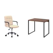 Conjunto de Mesa Kuadra Nogal com Cadeira de Escritório Secretária Giratória Fitz Bege