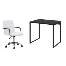 Conjunto de Mesa Kuadra Preta com Cadeira de Escritório Secretária Giratória Fitz Branca