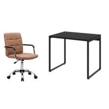 Conjunto de Mesa Kuadra Preta com Cadeira de Escritório Secretária Giratória Fitz Marrom