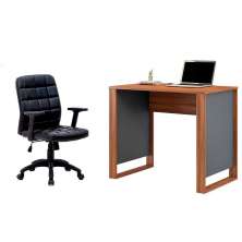 Conjunto de Mesa Morada Amendola e Grafito com Cadeira de Escritório Diretor Giratória Fitz com Braços Ajustáveis Preta