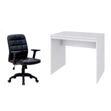 Conjunto de Mesa Office Branca com Cadeira de Escritório Diretor Giratória Fitz com Braços Ajustáveis Preta