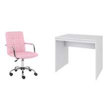 Conjunto de Mesa Office Branca com Cadeira de Escritório Secretária Giratória Fitz Rosa