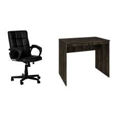 Conjunto de Mesa Office Carvalho Dark com Cadeira de Escritório Diretor Giratória Charles Preta