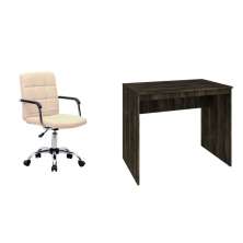 Conjunto de Mesa Office Carvalho Dark com Cadeira de Escritório Secretária Giratória Fitz Bege