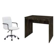 Conjunto de Mesa Office Carvalho Dark com Cadeira de Escritório Secretária Giratória Fitz Branca