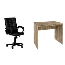 Conjunto de Mesa Office Carvalho com Cadeira de Escritório Diretor Giratória Charles Preta