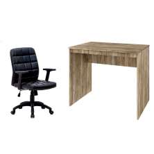 Conjunto de Mesa Office Carvalho com Cadeira de Escritório Diretor Giratória Fitz com Braços Ajustáveis Preta