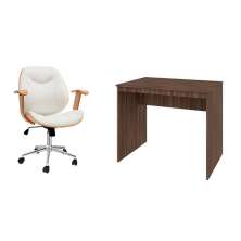 Conjunto de Mesa Office Nogal com Cadeira de Escritório Diretor Giratória Antonella Branca