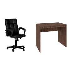 Conjunto de Mesa Office Nogal com Cadeira de Escritório Diretor Giratória Charles Preta