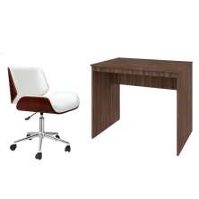 Conjunto de Mesa Office Nogal com Cadeira de Escritório Diretor Giratória Lauren Branca