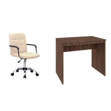 Conjunto de Mesa Office Nogal com Cadeira de Escritório Secretária Giratória Fitz Bege