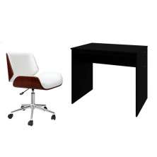 Conjunto de Mesa Office Preta com Cadeira de Escritório Diretor Giratória Lauren Branca
