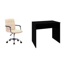 Conjunto de Mesa Office Preta com Cadeira de Escritório Secretária Giratória Fitz Bege