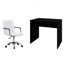 Conjunto de Mesa Office Preta com Cadeira de Escritório Secretária Giratória Fitz Branca