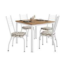 Conjunto de Mesa Quadrada com Tampo MDP e 4 Cadeiras Adriana Revestimento Sintético Bege Estampado e Branco