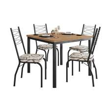 Conjunto de Mesa Quadrada com Tampo MDP e 4 Cadeiras Adriana Revestimento Sintético Bege Estampado e Preto