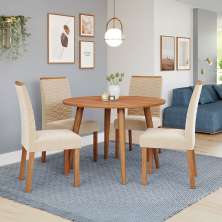 Conjunto de Mesa Redonda com Tampo de MDF Cinamomo Dani e 4 Cadeiras Clarice Suede Nude e Madeira