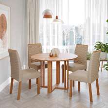 Conjunto de Mesa Redonda com Tampo de MDF Cinamomo Flora e 4 Cadeiras Clarice Linho Bege e Madeira