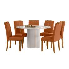 Conjunto de Mesa Redonda com Tampo de Vidro Off White e 6 Cadeiras Serena Poliéster Terracota e Amadeirado