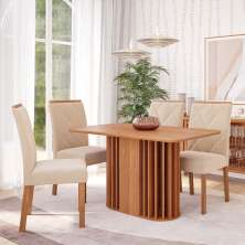 Conjunto de Mesa Retangular com Tampo de MDF Cinamomo Julieta e 4 Cadeiras Fernanda Suede Nude e Madeira