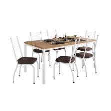 Conjunto de Mesa Retangular com Tampo de MDP Amadeirado e 6 Cadeiras Adriana I Revestimento Sintético Cacau e Branco