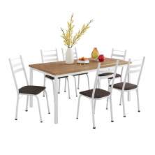 Conjunto de Mesa Retangular com Tampo de MDP Amadeirado e 6 Cadeiras Adriana III Revestimento Sintético Cacau e Branco