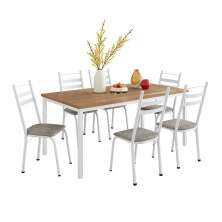 Conjunto de Mesa Retangular com Tampo de MDP Amadeirado e 6 Cadeiras Adriana III Revestimento Sintético Cinza Claro e Branco