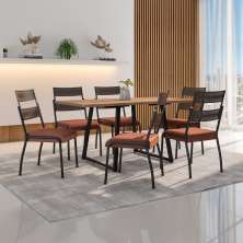 Conjunto de Mesa Retangular com Tampo de MDP Marrom Claro Atlanta e 6 Cadeiras Atenas Revestimento Sintético Terracota e Preto