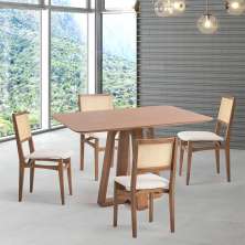 Conjunto de Mesa Retangular com Tampo de Madeira Maciça Frame e 4 Cadeiras Serena Algodão Bege Claro e Natural