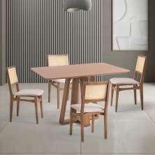 Conjunto de Mesa Retangular com Tampo de Madeira Maciça Frame e 4 Cadeiras Serena Poliéster Bege e Natural