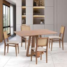 Conjunto de Mesa Retangular com Tampo de Madeira Maciça Frame e 4 Cadeiras Serena Poliéster Bege e Nogueira