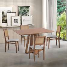 Conjunto de Mesa Retangular com Tampo de Madeira Maciça Frame e 4 Cadeiras Serena Poliéster Cinza Claro e Nogueira