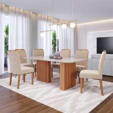Conjunto de Mesa Retangular com Tampo de Vidro Cinamomo Ester e 6 Cadeiras Paola Suede Nude