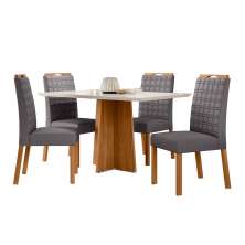 Conjunto de Mesa Retangular com Tampo de Vidro Off White Anitta e 4 Cadeiras Mariah Poliéster Cinza e Ypê