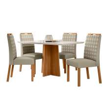 Conjunto de Mesa Retangular com Tampo de Vidro Off White Anitta e 4 Cadeiras Mariah Poliéster Nude e Ypê