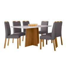 Conjunto de Mesa Retangular com Tampo de Vidro Off White Anitta e 6 Cadeiras Mariah Poliéster Cinza e Ypê