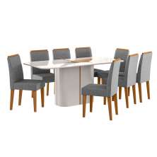 Conjunto de Mesa Retangular com Tampo de Vidro Off White Serena e 8 Cadeiras Cecília Poliéster Cinza e Ypê