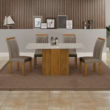 Conjunto de Mesa Retangular com Tampo de Vidro Off White e 4 Cadeiras Doha Veludo Bege e Freijó