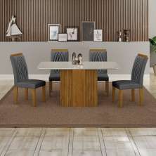 Conjunto de Mesa Retangular com Tampo de Vidro Off White e 4 Cadeiras Doha Veludo Chumbo e Freijó