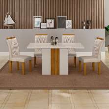 Conjunto de Mesa Retangular com Tampo de Vidro Off White e 4 Cadeiras Doha Veludo Palha