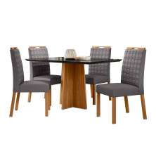 Conjunto de Mesa Retangular com Tampo de Vidro Preto Anitta e 4 Cadeiras Mariah Poliéster Cinza e Ypê