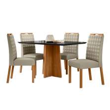 Conjunto de Mesa Retangular com Tampo de Vidro Preto Anitta e 4 Cadeiras Mariah Poliéster Nude e Ypê
