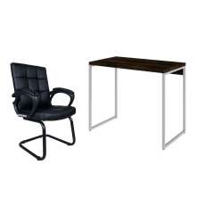 Conjunto de Mesa Studio Carvalho Dark e Branca com Cadeira de Escritório Interlocutor Fixa Charles Preta