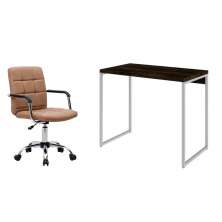 Conjunto de Mesa Studio Carvalho Dark e Branca com Cadeira de Escritório Secretária Giratória Fitz Marrom