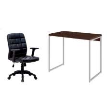 Conjunto de Mesa Studio Nogal e Branca com Cadeira de Escritório Diretor Giratória Fitz com Braços Ajustáveis Preta