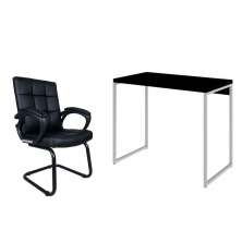 Conjunto de Mesa Studio Preta e Branca com Cadeira de Escritório Interlocutor Fixa Charles Preta
