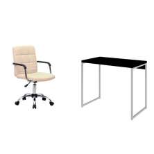Conjunto de Mesa Studio Preta e Branca com Cadeira de Escritório Secretária Giratória Fitz Bege